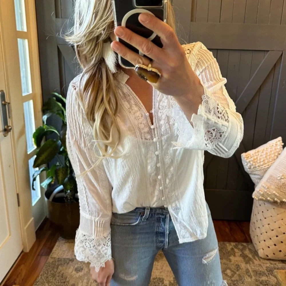 New White Lace Inset 3/4 Sleeve Button Front Blouse Top Women's Top Boho - Picture 8 of 11